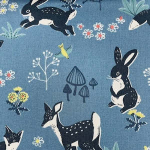 Tama - Forest scene with Bunnies, Foxes & Fawns on a Blue background