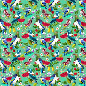 All Fabrics: Postcards of New Zealand - Tui, Kereru, Kotare, Piwakawaka, Pohutukawa & Kowhai on Bright Mint