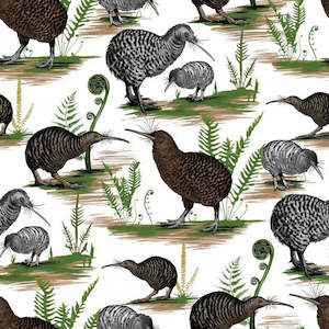 Native Treasures - Kiwi Birds with Ferns on off-white