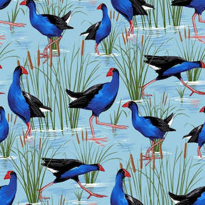 All Fabrics: Native Treasures - Pukeko in the Wetlands on blue