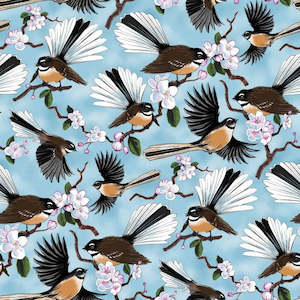 All Fabrics: Native Treasures - Piwakawaka (Fantails) on sky blue