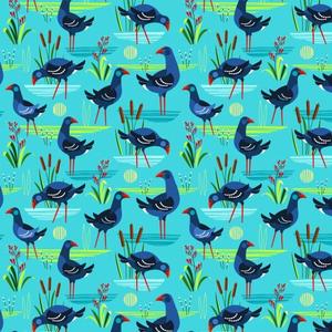All Fabrics: Early Birds - Pukekos in the Wetlands on Turquoise