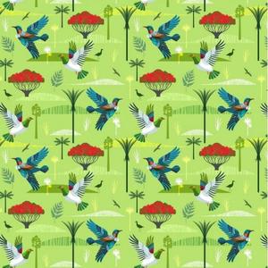 Land and Sea - Kereru, Tui and Pohutukawa on Lime Green