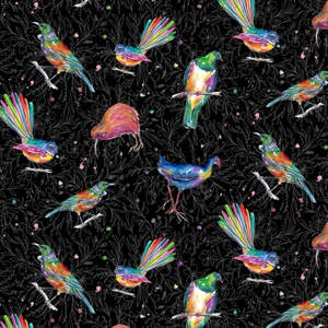 A Splash of Colour - Graphic print of New Zealand Birds in Fluro Colours on Black