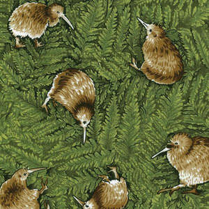 All Fabrics: Te Taonga Kiwi - Native New Zealand Kiwi Birds on a fern background