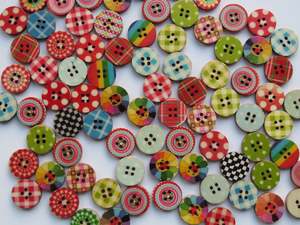 Buttons: 50 Mixed Print Gingham checks and spots 15mm buttons 2 holes