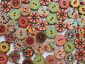 Buttons: 50 Mixed Print bright retro vintage mixed print 15mm buttons 2 holes