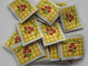 Labels: 50 Yellow Gingham Red Flower Woven Hand Made labels 40mm wide x 30mm high approx.