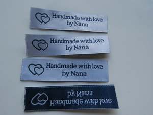 50 White with Blue Font Handmade with Love by Nana White woven labels 60 x 15mm