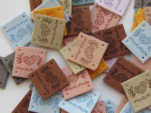 10 Mixed Colour Heart with wool wrapped around Hand made PU leather labels. 25 x 25mm