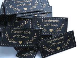 Labels: 25 Black Handmade with Love labels with heart and branches in gold font 50mm wide x 25mm high