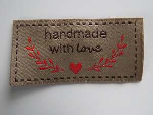 26 Bronze Handmade with Love in labels with heart and branches in red 50mm wide x 25mm high
