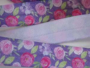 2m Light and dark pink roses floral print on purple background Fold Over Elastic&hellip;