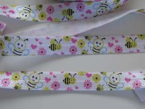 4m Bee and Pink and Yellow flowers with pink hearts on white Fold Over Elastic F&hellip;
