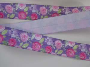 Flowers: 4.5m Light and dark pink roses floral print on purple background Fold Over Elastic FOE Foldover 15mm