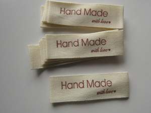 Quilting: 25 Handmade with Love in red font with heart 100% Cotton labels 50mm x 15mm