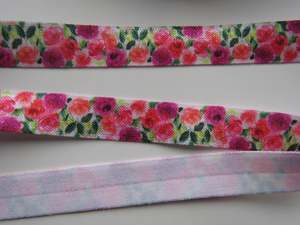 Flowers: 1m Pink and Purple roses floral printed Fold Over Elastic FOE Foldover 15mm