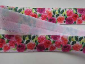 Flowers: 5m Pink and Purple roses floral printed Fold Over Elastic FOE Foldover 15mm