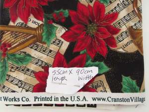Quilting: 55cm L x 90cm wide Trumpet Music and Red Poinsetta print  Christmas fabric 100% cotton