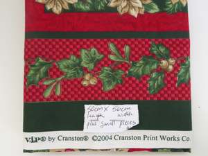 Quilting: 50cm L x 56cm wide Red and Green Cranton Print works  Christmas fabric 100% cotton plus some small offcuts