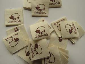 50 Handmade with heart and Sheep Cotton Flag Labels 2 x 2cm folded