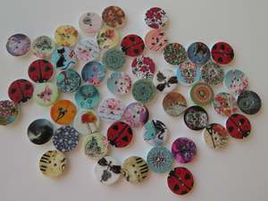 Buttons: 50 larger 25mm Mixed print- floral, music, heart, animal, cat, butterfly, dream buttons