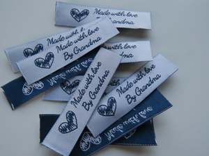 3 White Made with Love by Grandma 60mm x 15mm woven sewing labels