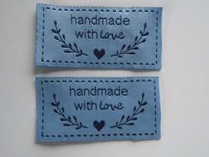 Labels: 4  Blue Handmade with Love labels with heart and branch 50mm wide x 25mm high