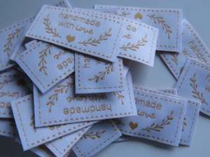 25 White with Gold Handmade with Love labels with heart and branch 50mm wide x 25mm high