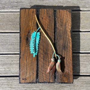 Sculptors: Kaka Beak | Patina'd Copper & Brass On Wood Wall Hanging