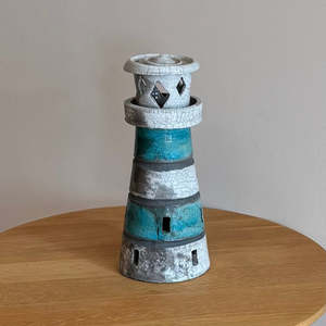 Ceramic Lighthouse | Turquoise Bands | Large