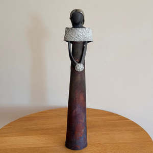 Sculpture: Lady In Black Clay | Wide White Collar & Posy | Matt Finish