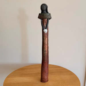 Sculptors: Lady In Black Clay | Wide Collar | Shiny Copper Glaze With White Posy