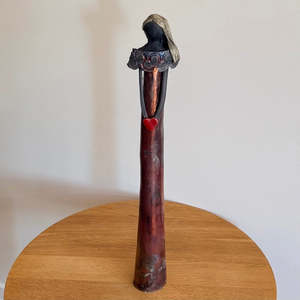 Sculptors: Lady In Black Clay | Wide Scalloped Collar | Shiny Copper Glaze With Red Heart