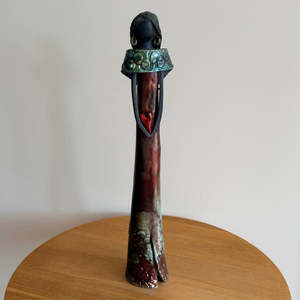 Tall Ceramic Lady | Coppery Dress | Green Earrings
