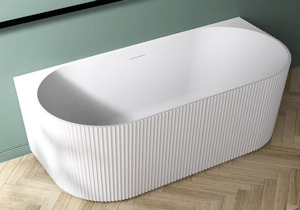 Bath Tub: 1490x750x580mm Flutted V-Groove Bathtub Back To Wall Acrylic Gloss White Bath Tub