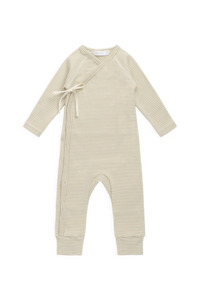 Baby Child: Organic Cotton Fine Rib Micah Wrap Onepiece - Petite Stripe Hay/Cloud