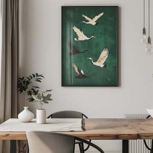 Artwork: Five Crane Emerald Flying | A2 | Black Box Frame