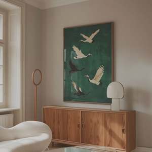 Artwork: Five Crane Emerald Flying | A2 | Oak Box Frame