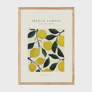 Artwork: French Lemons | Oak Box Frame | A2 wWhite Border