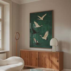 Artwork: Five Crane Emerald Flying | A1 | Oak Box Frame