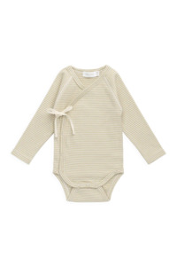 Baby Child: Organic Cotton Fine Rib Micah Long Sleeve Playsuit - Petite Stripe Hay/Cloud
