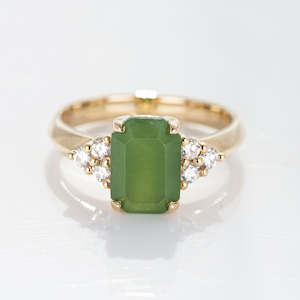 Gold And Greenstone: Lady of the Lake ring with Pounamu & Diamonds in Yellow Gold or Platinum