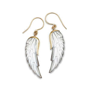 Gold And Greenstone: 14 carat Gold Mother of Pearl Wing Earrings