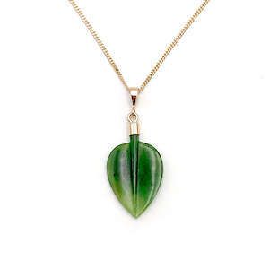 Gold And Greenstone: 14 carat Gold Pounamu Leaf Charm Necklace