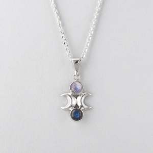 Christmas Gifts Under 200: Moon Phase Pendant in Sterling Silver with Labradorite and Rainbow Moonstone