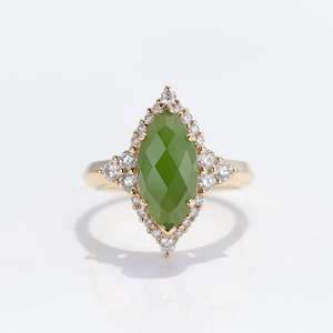 Pounamu: Pounamu Marquis and Diamond Starlight ring in Yellow Gold or Platinum