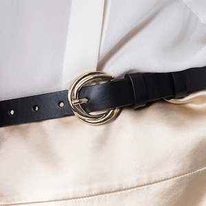 Accessories: Swirl Leather Belt 25mm | gold black leather