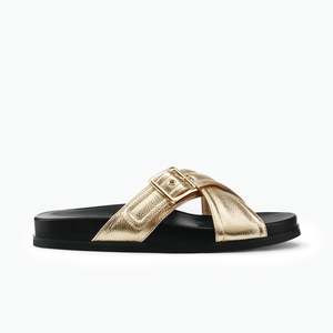 Mules Slides: Uma Slide Sandal | Gold Pebble Leather