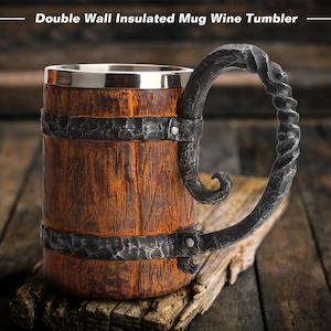 Home: Viking Wooden Barrel Beer Mug - Stainless Steel Double Wall